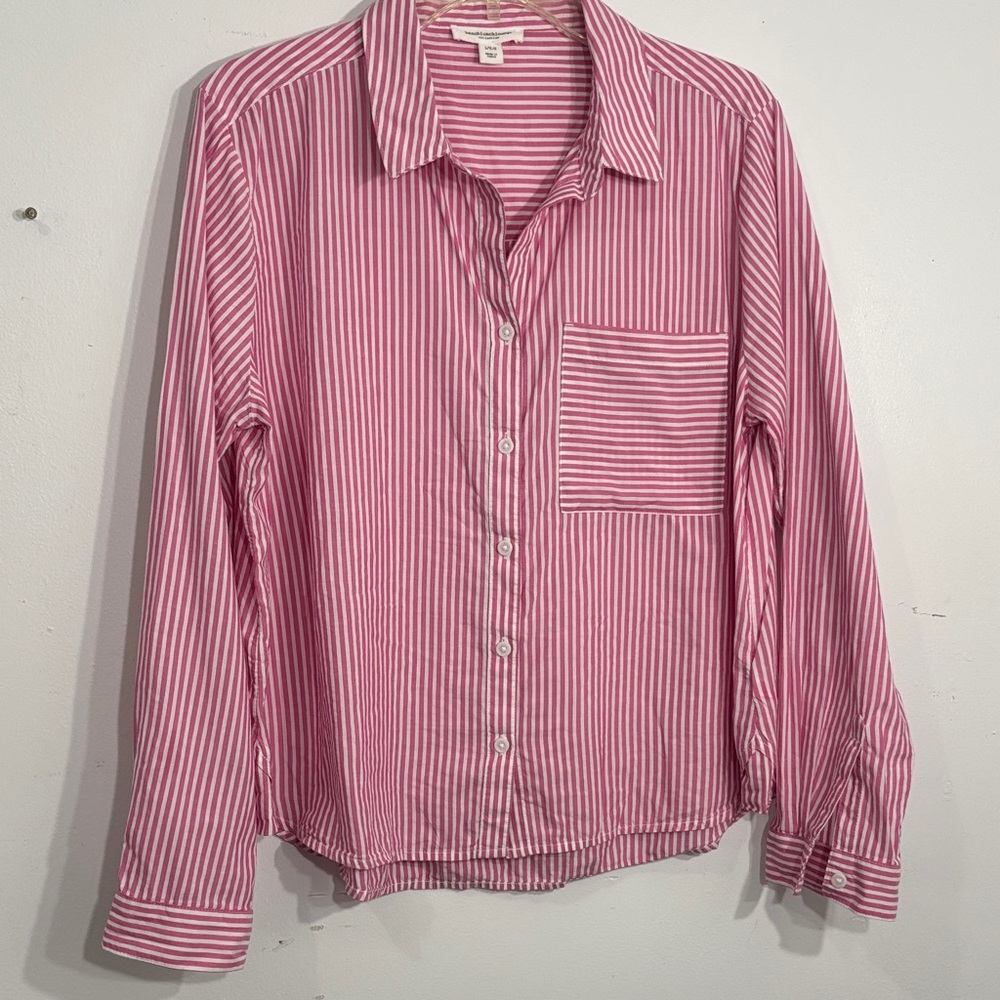 beachlunchlounge Pink and White Striped Button-Down Shirt